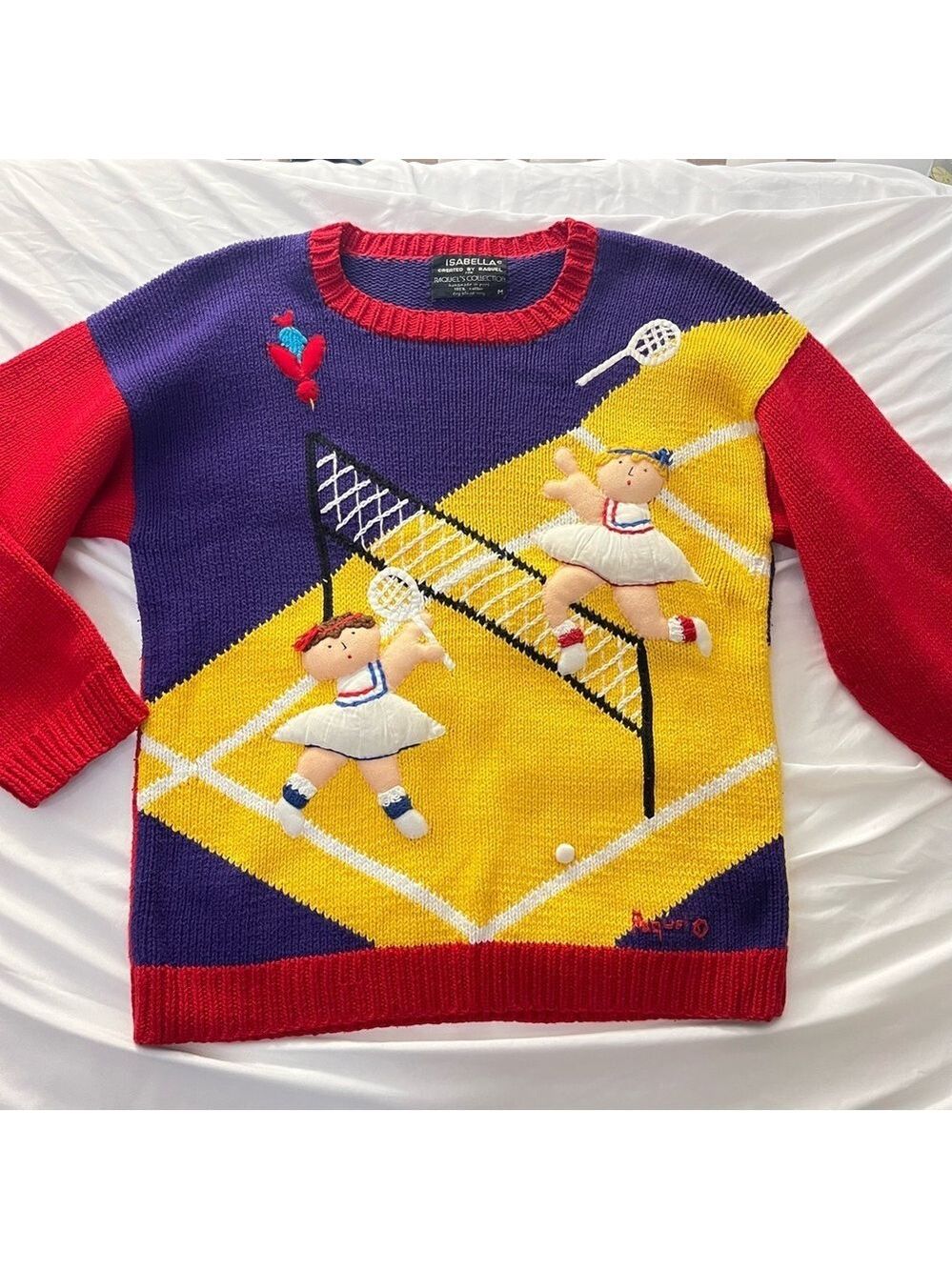 RARE Vtg 80s 3D Tennis Novelty Knit Sweater Handmade M - Picture 3 of 12
